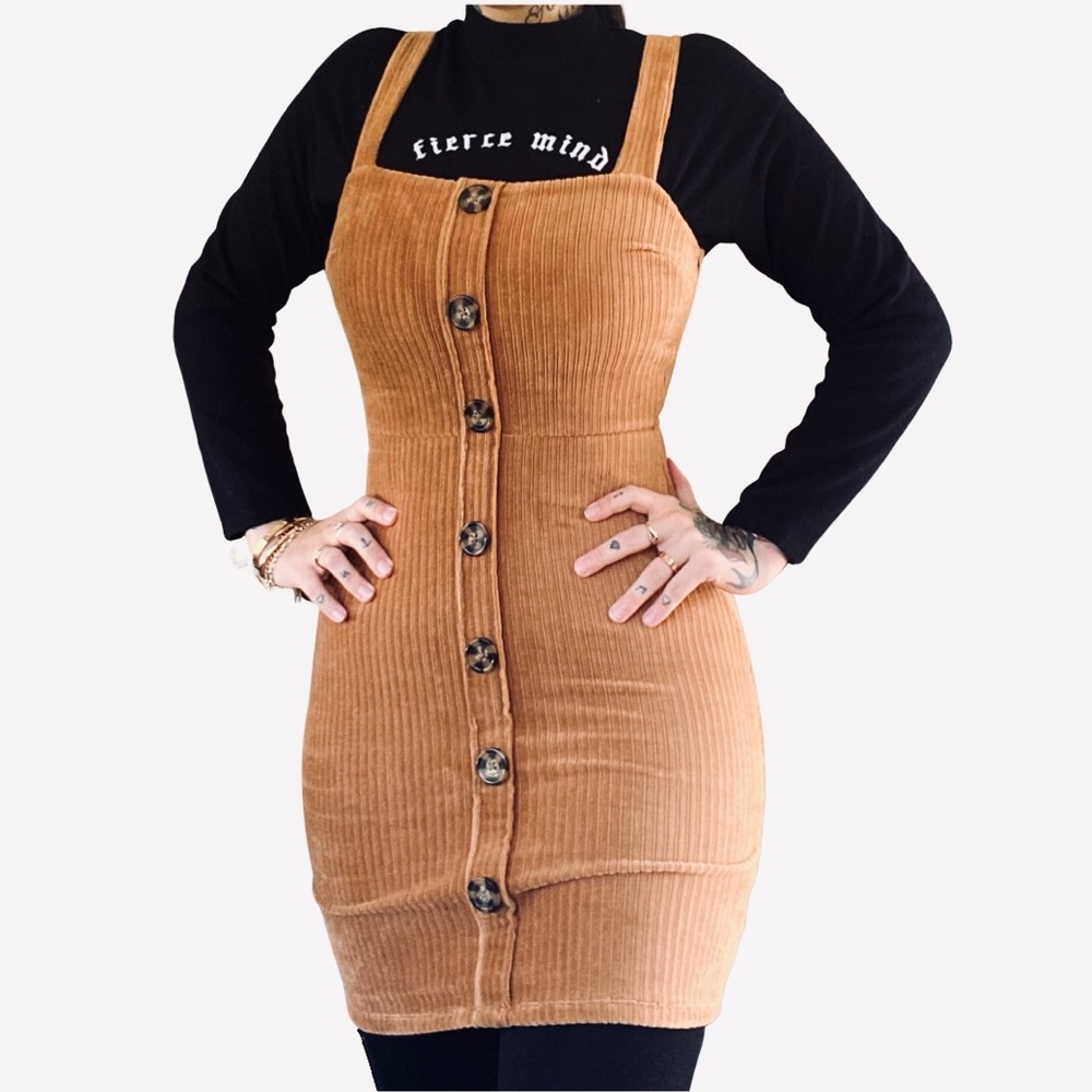 Caramel button up pinafore dress